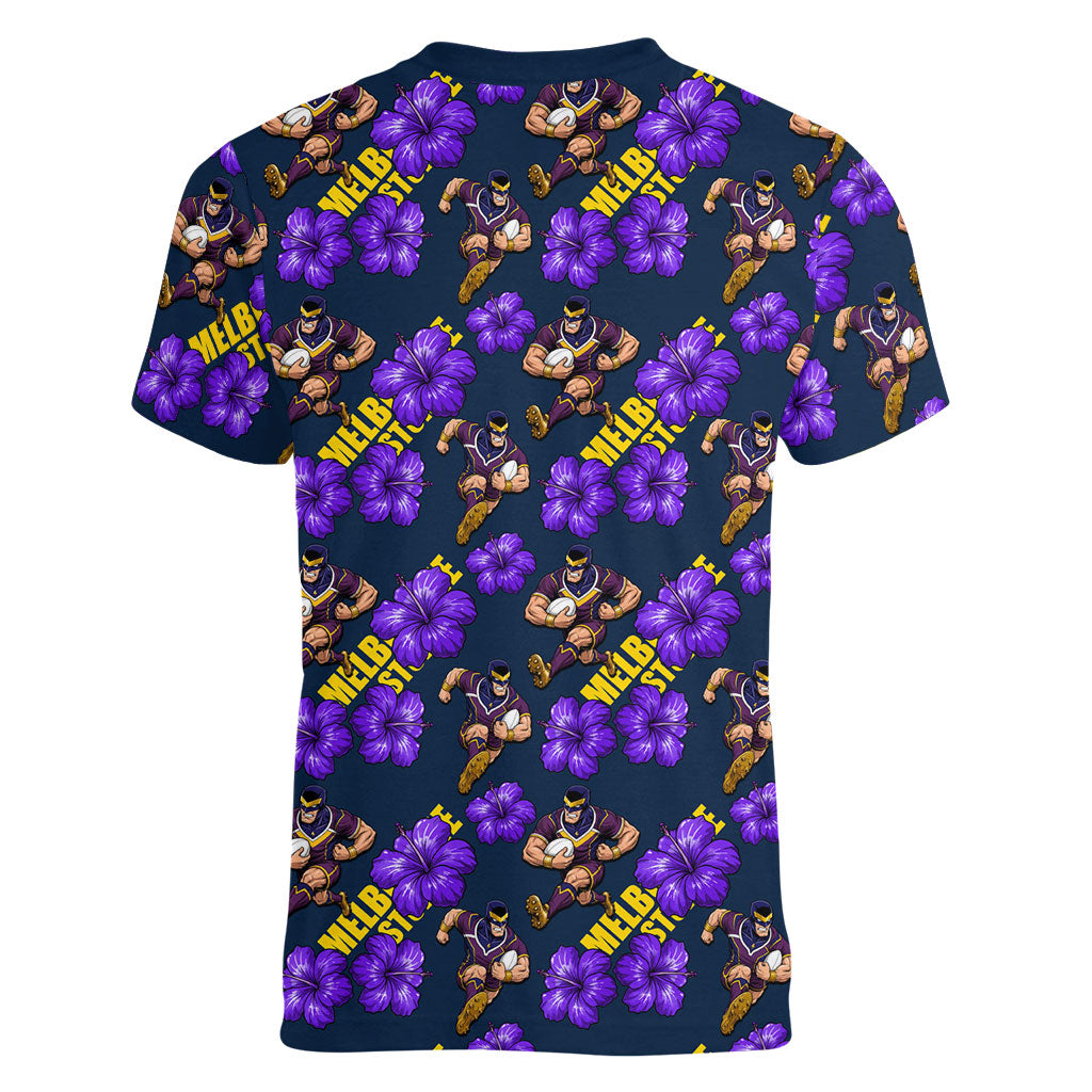 Melbourne Storm Women V-Neck T-Shirt Tropical Hibiscus Floral Seamless Rugby Mascot