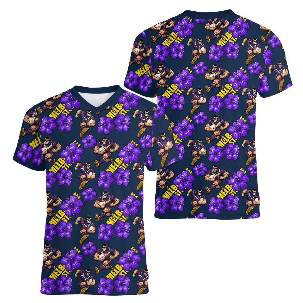 Melbourne Storm Women V-Neck T-Shirt Tropical Hibiscus Floral Seamless Rugby Mascot