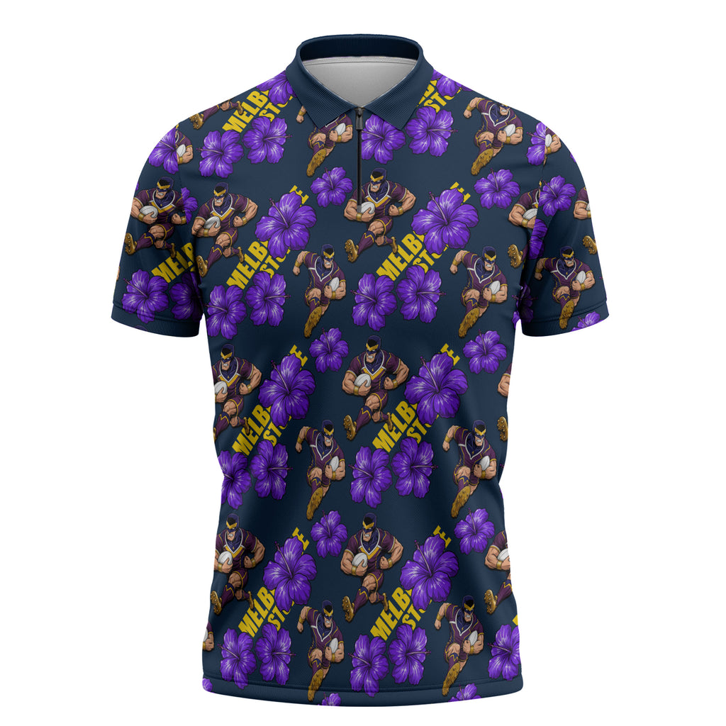 Melbourne Storm Zipper Polo Shirt Tropical Hibiscus Floral Seamless Rugby Mascot