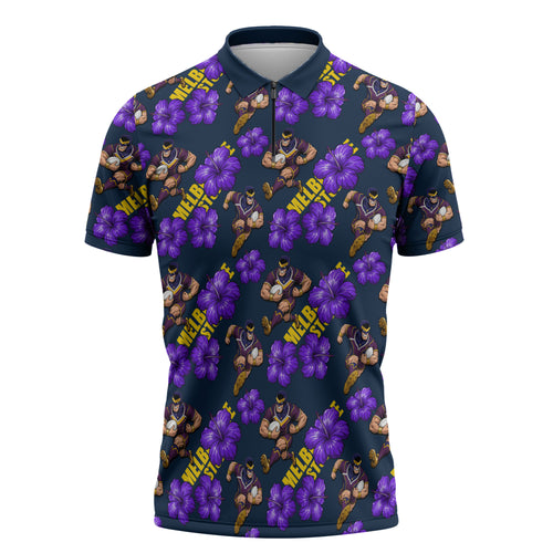 Melbourne Storm Zipper Polo Shirt Tropical Hibiscus Floral Seamless Rugby Mascot