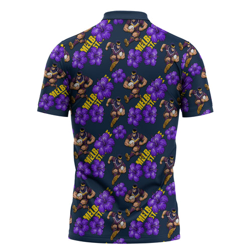 Melbourne Storm Zipper Polo Shirt Tropical Hibiscus Floral Seamless Rugby Mascot