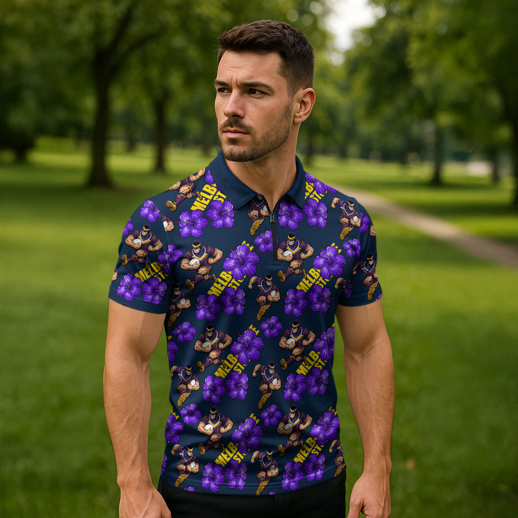 Melbourne Storm Zipper Polo Shirt Tropical Hibiscus Floral Seamless Rugby Mascot