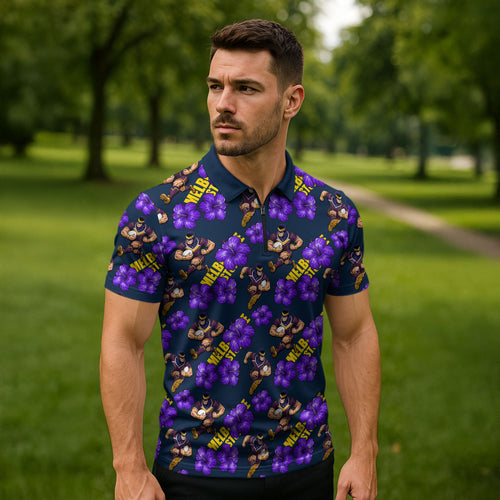 Melbourne Storm Zipper Polo Shirt Tropical Hibiscus Floral Seamless Rugby Mascot