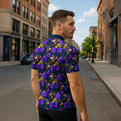 Melbourne Storm Zipper Polo Shirt Tropical Hibiscus Floral Seamless Rugby Mascot