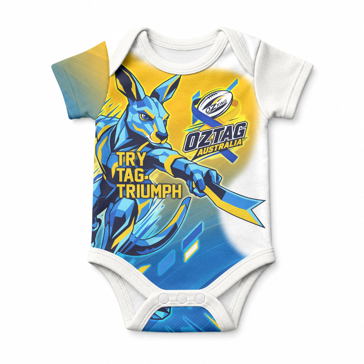 Personalised Australian Oztag Kangaroo Mascot Baby Onesie Try Tag Triumph Australia Abstract Geometric