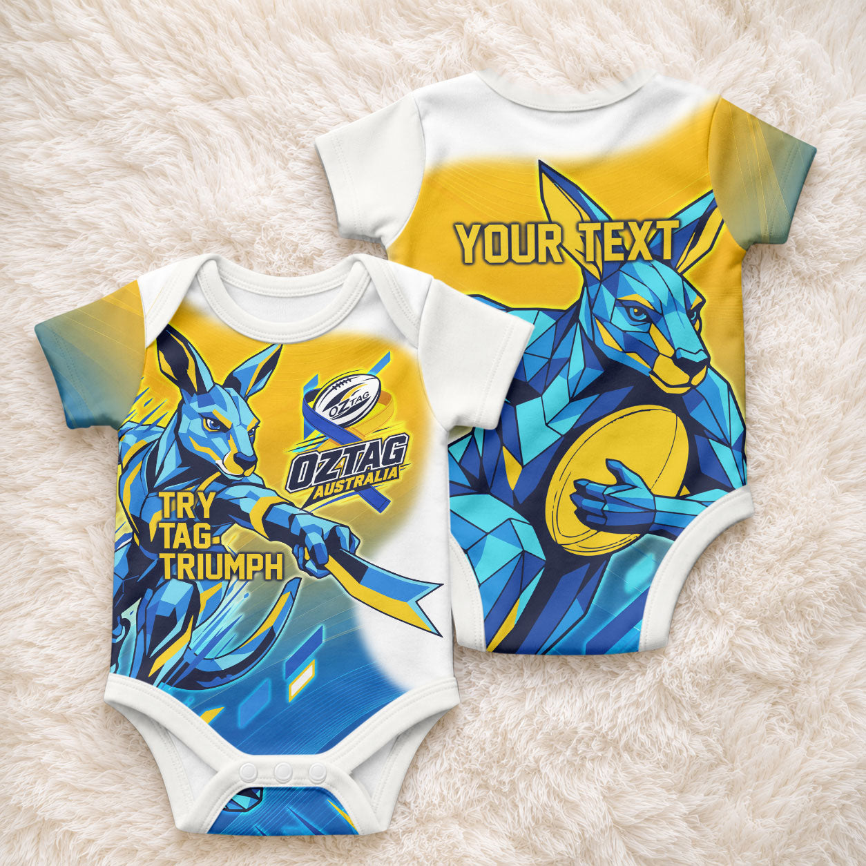 Personalised Australian Oztag Kangaroo Mascot Baby Onesie Try Tag Triumph Australia Abstract Geometric