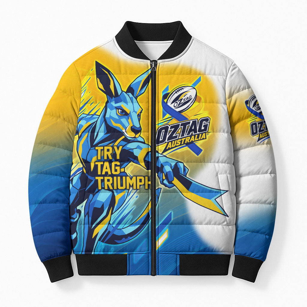 Personalised Australian Oztag Kangaroo Mascot Bomber Puffer Jacket Try Tag Triumph Australia Abstract Geometric