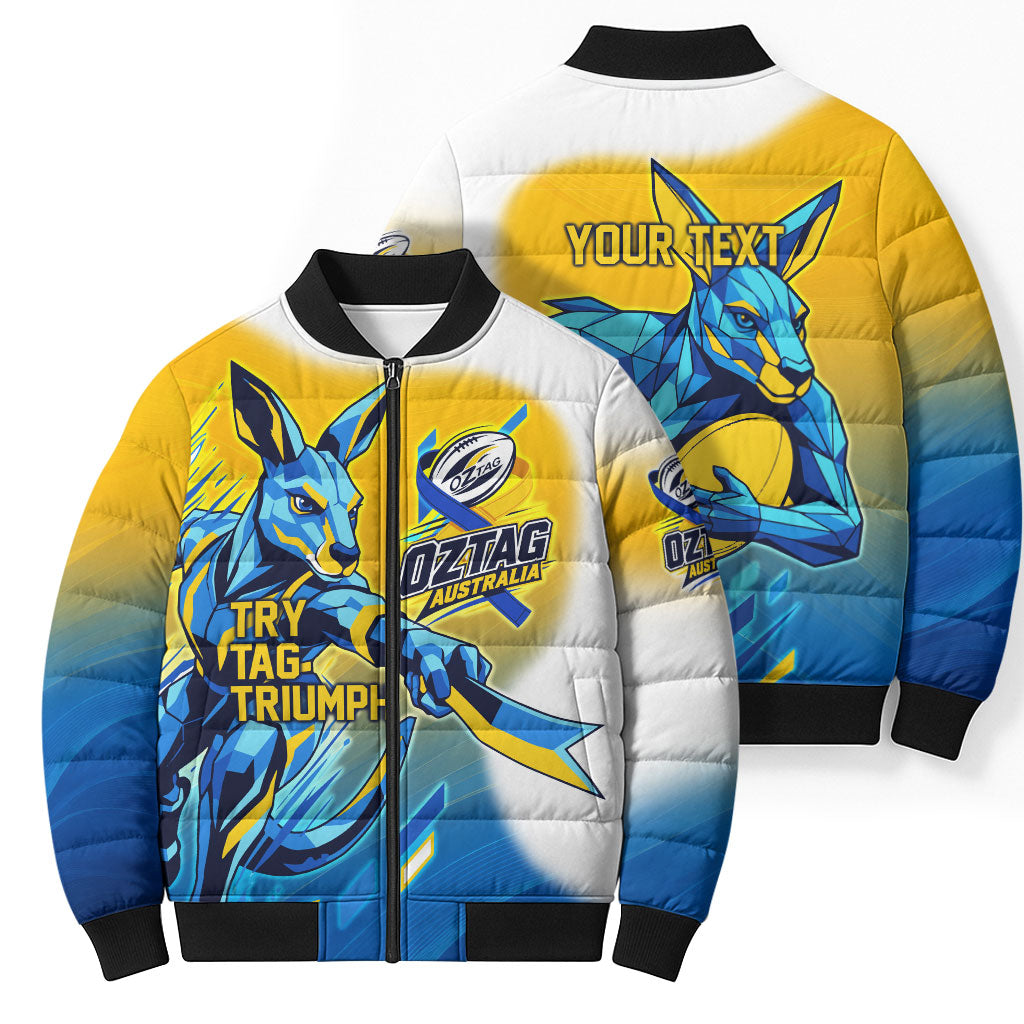 Personalised Australian Oztag Kangaroo Mascot Bomber Puffer Jacket Try Tag Triumph Australia Abstract Geometric