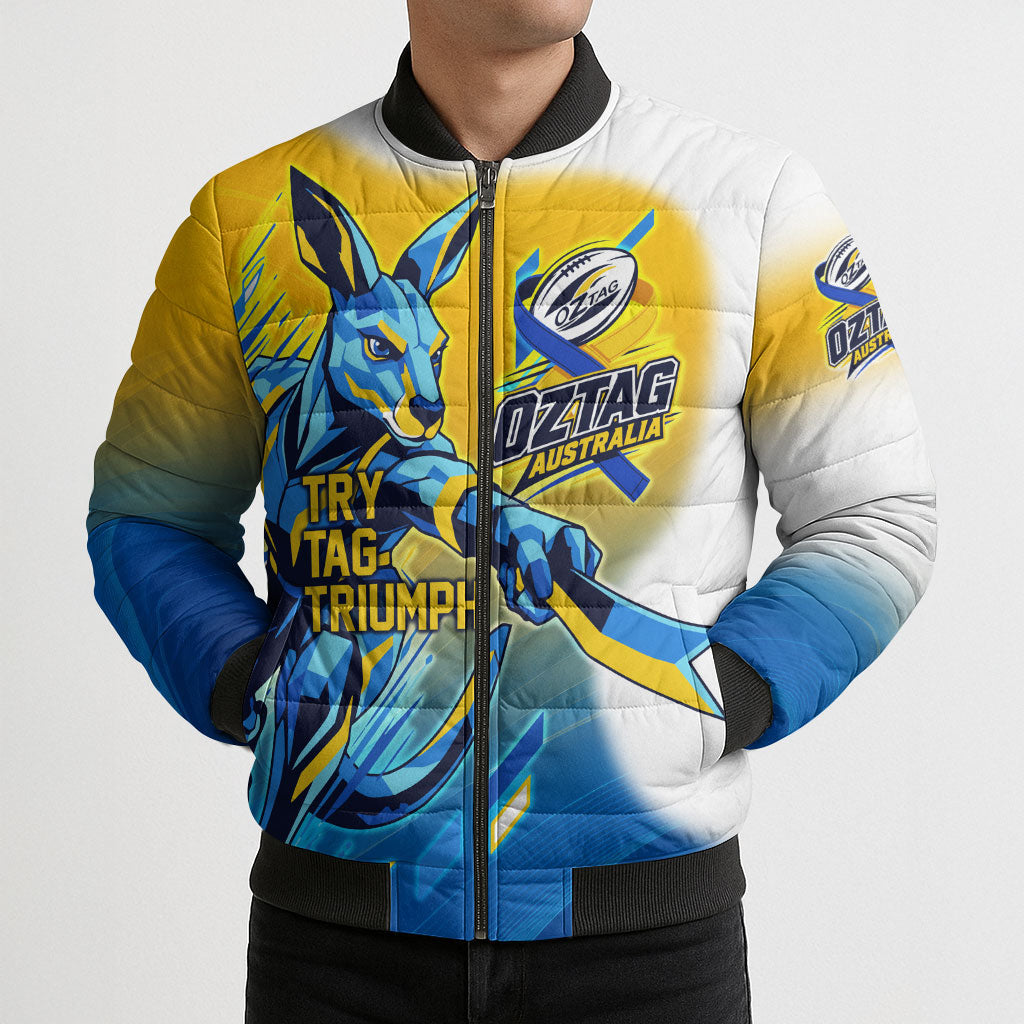 Personalised Australian Oztag Kangaroo Mascot Bomber Puffer Jacket Try Tag Triumph Australia Abstract Geometric