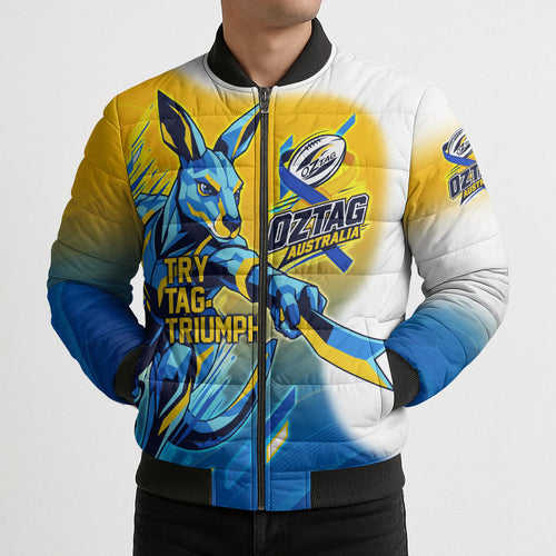 Personalised Australian Oztag Kangaroo Mascot Bomber Puffer Jacket Try Tag Triumph Australia Abstract Geometric