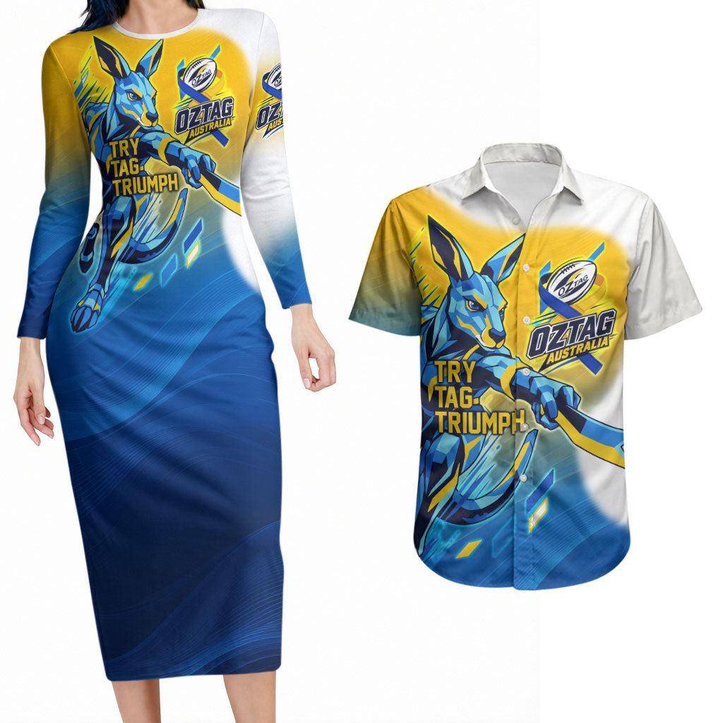 Personalised Australian Oztag Kangaroo Mascot Couples Matching Long Sleeve Bodycon Dress and Hawaiian Shirt Try Tag Triumph Australia Abstract Geometric