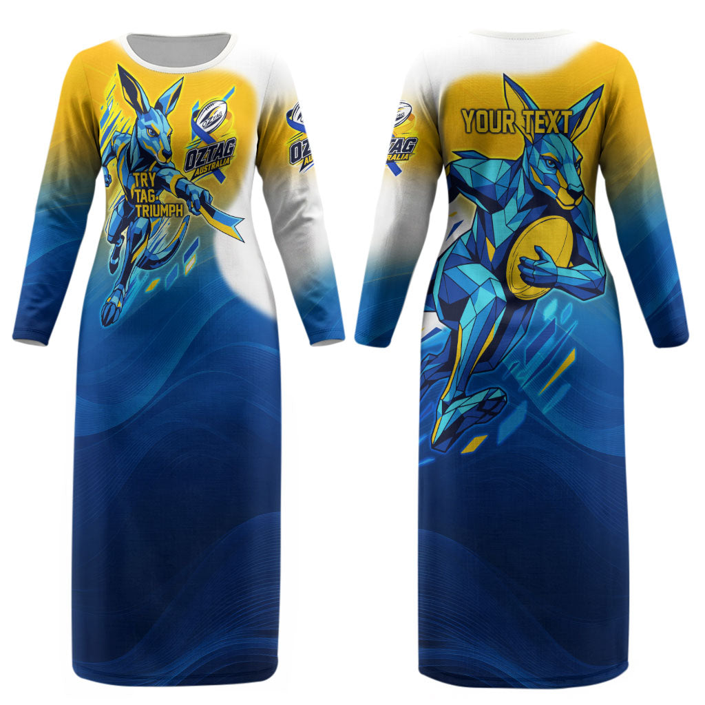 Personalised Australian Oztag Kangaroo Mascot Couples Matching Long Sleeve Bodycon Dress and Hawaiian Shirt Try Tag Triumph Australia Abstract Geometric