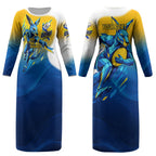 Personalised Australian Oztag Kangaroo Mascot Couples Matching Long Sleeve Bodycon Dress and Hawaiian Shirt Try Tag Triumph Australia Abstract Geometric