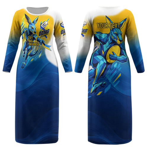 Personalised Australian Oztag Kangaroo Mascot Couples Matching Long Sleeve Bodycon Dress and Hawaiian Shirt Try Tag Triumph Australia Abstract Geometric