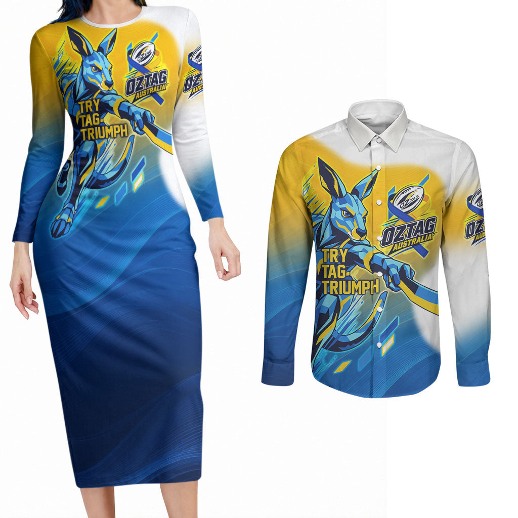 Personalised Australian Oztag Kangaroo Mascot Couples Matching Long Sleeve Bodycon Dress and Long Sleeve Button Shirt Try Tag Triumph Australia Abstract Geometric