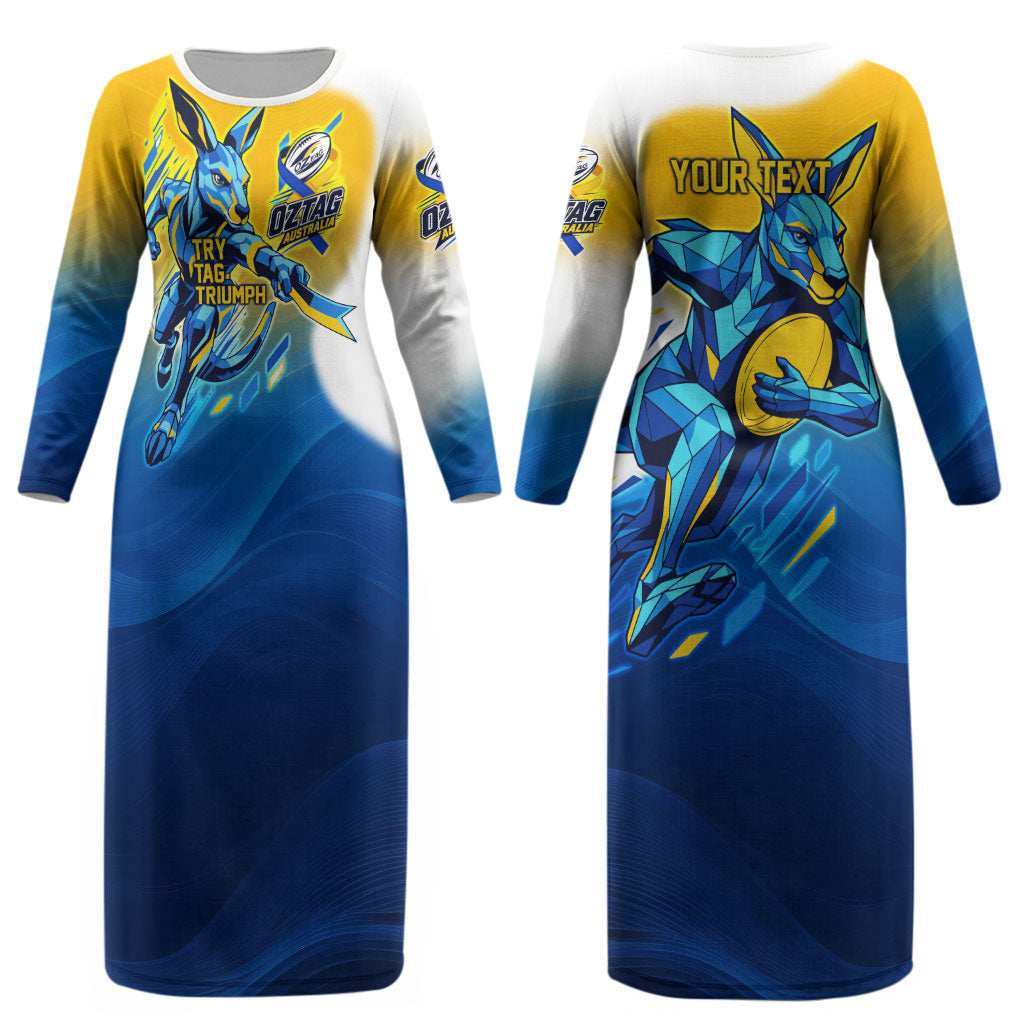 Personalised Australian Oztag Kangaroo Mascot Couples Matching Long Sleeve Bodycon Dress and Long Sleeve Button Shirt Try Tag Triumph Australia Abstract Geometric