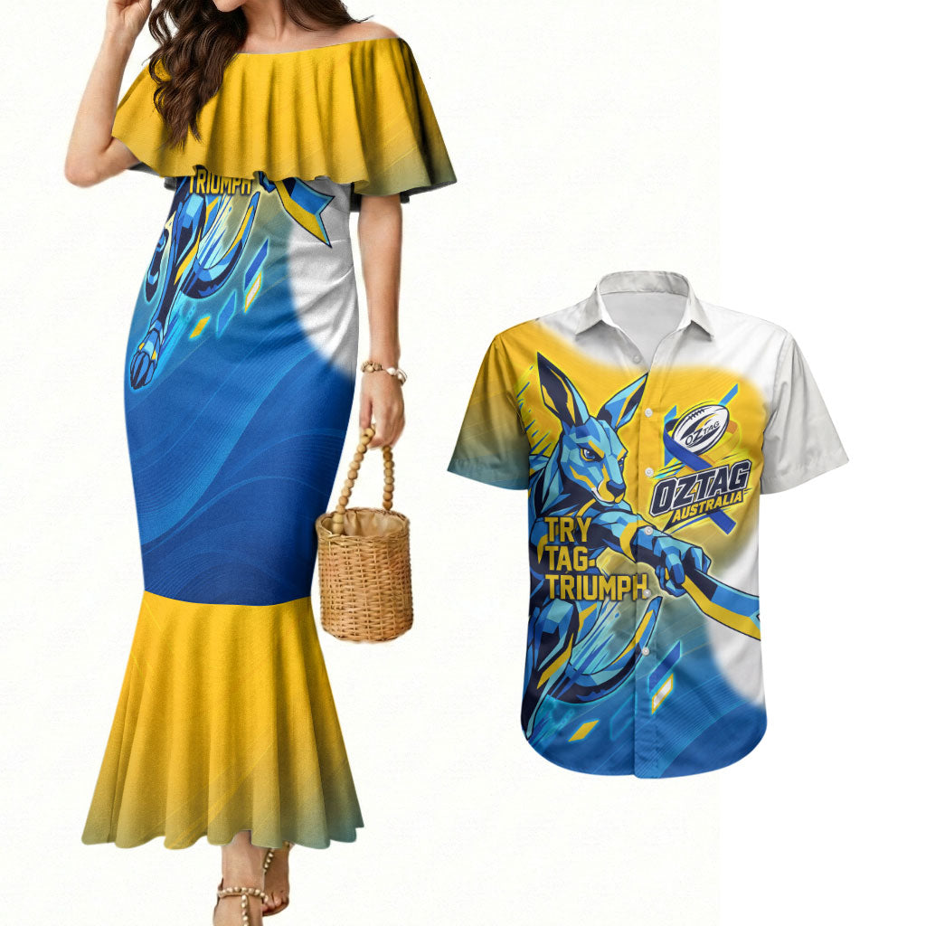 Personalised Australian Oztag Kangaroo Mascot Couples Matching Mermaid Dress and Hawaiian Shirt Try Tag Triumph Australia Abstract Geometric