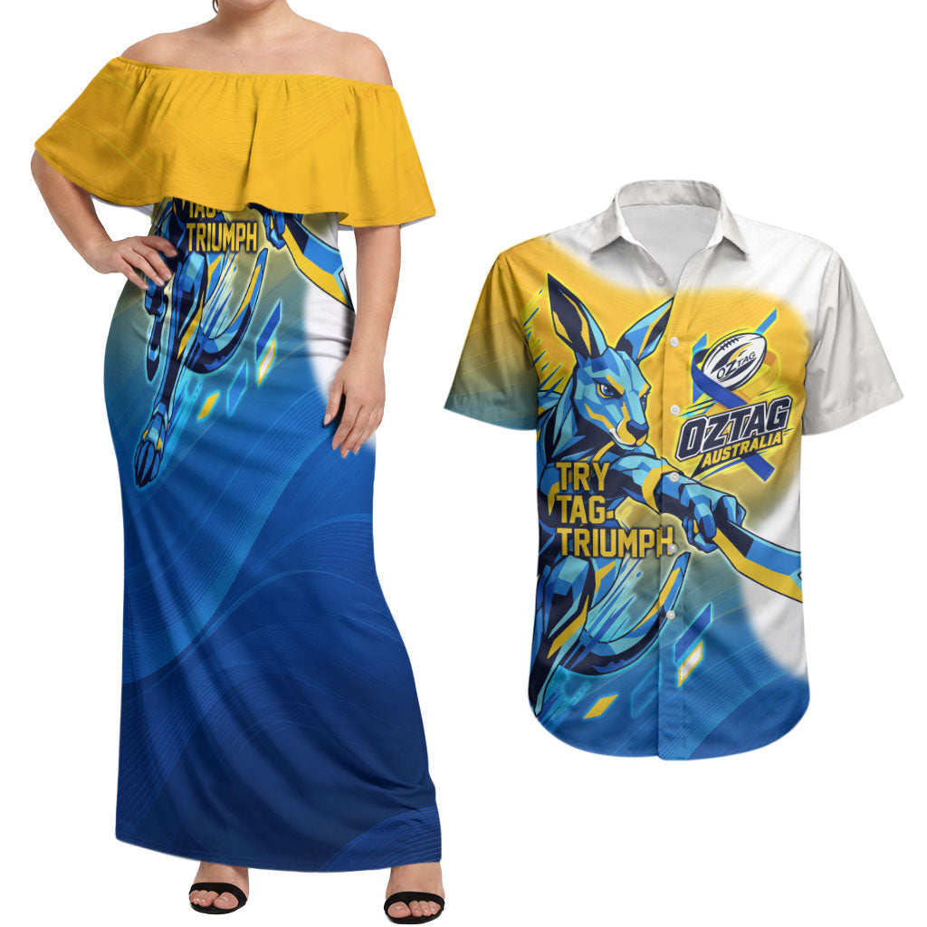 Personalised Australian Oztag Kangaroo Mascot Couples Matching Off Shoulder Maxi Dress and Hawaiian Shirt Try Tag Triumph Australia Abstract Geometric