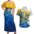 Personalised Australian Oztag Kangaroo Mascot Couples Matching Off Shoulder Maxi Dress and Hawaiian Shirt Try Tag Triumph Australia Abstract Geometric