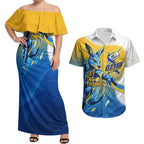 Personalised Australian Oztag Kangaroo Mascot Couples Matching Off Shoulder Maxi Dress and Hawaiian Shirt Try Tag Triumph Australia Abstract Geometric