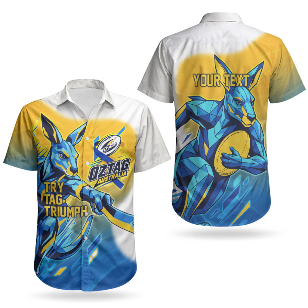 Personalised Australian Oztag Kangaroo Mascot Couples Matching Off Shoulder Maxi Dress and Hawaiian Shirt Try Tag Triumph Australia Abstract Geometric