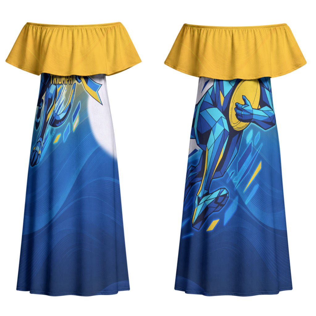 Personalised Australian Oztag Kangaroo Mascot Couples Matching Off Shoulder Maxi Dress and Hawaiian Shirt Try Tag Triumph Australia Abstract Geometric
