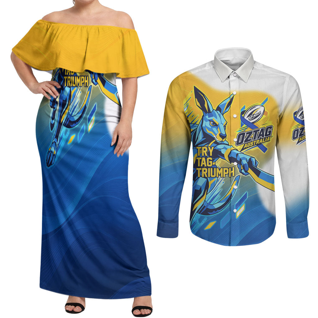 Personalised Australian Oztag Kangaroo Mascot Couples Matching Off Shoulder Maxi Dress and Long Sleeve Button Shirt Try Tag Triumph Australia Abstract Geometric