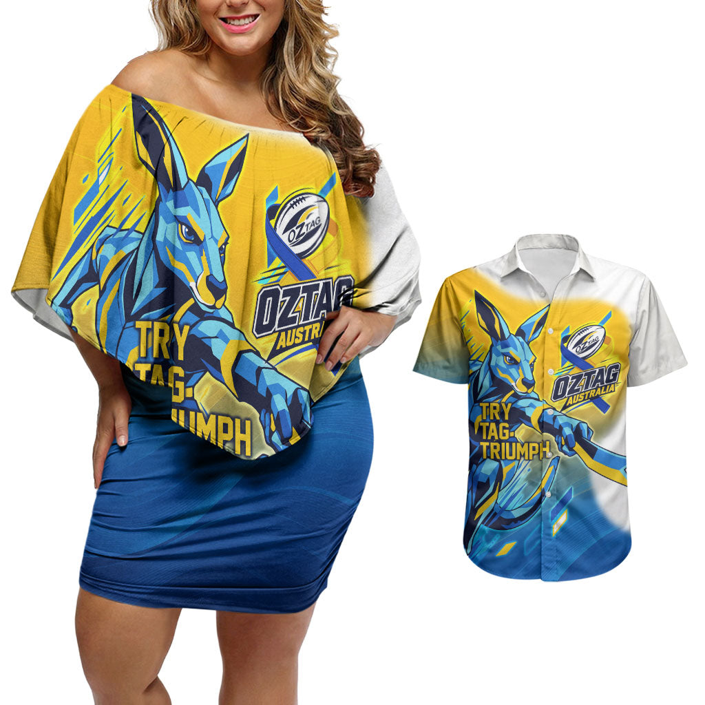 Personalised Australian Oztag Kangaroo Mascot Couples Matching Off Shoulder Short Dress and Hawaiian Shirt Try Tag Triumph Australia Abstract Geometric