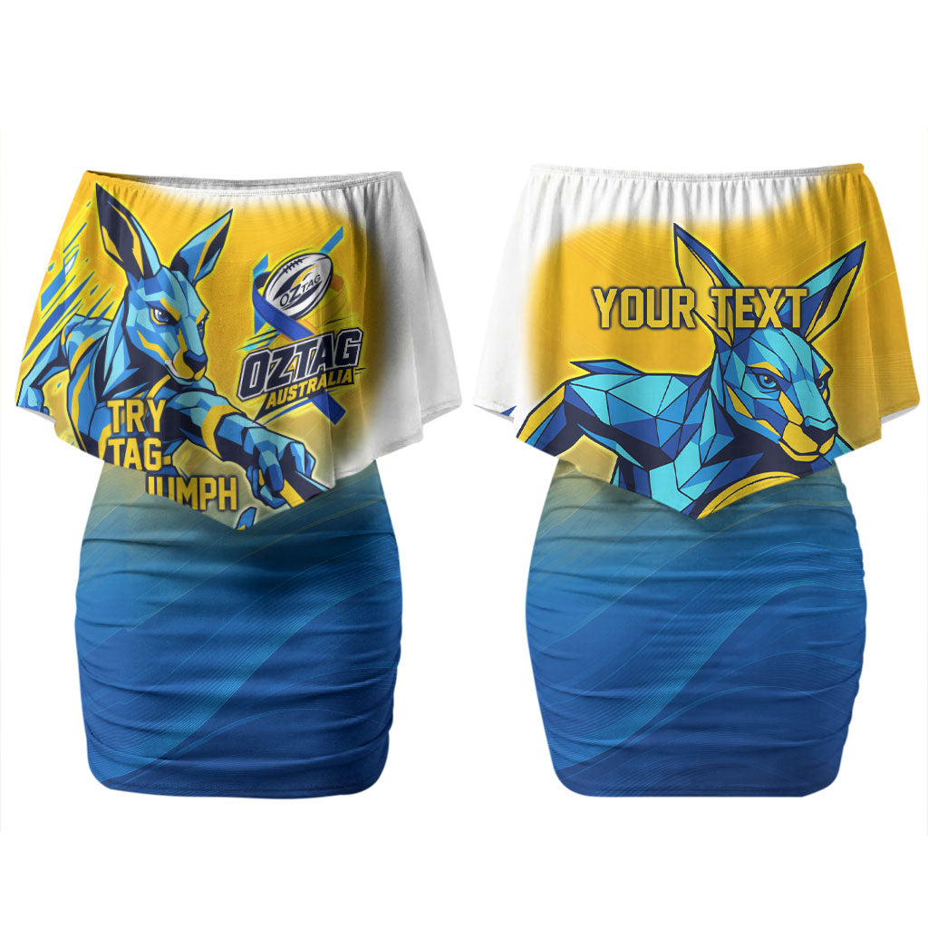 Personalised Australian Oztag Kangaroo Mascot Couples Matching Off Shoulder Short Dress and Hawaiian Shirt Try Tag Triumph Australia Abstract Geometric