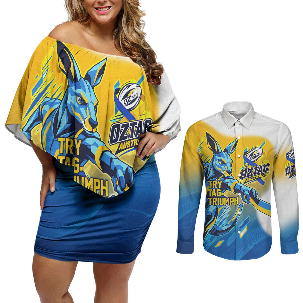 Personalised Australian Oztag Kangaroo Mascot Couples Matching Off Shoulder Short Dress and Long Sleeve Button Shirt Try Tag Triumph Australia Abstract Geometric