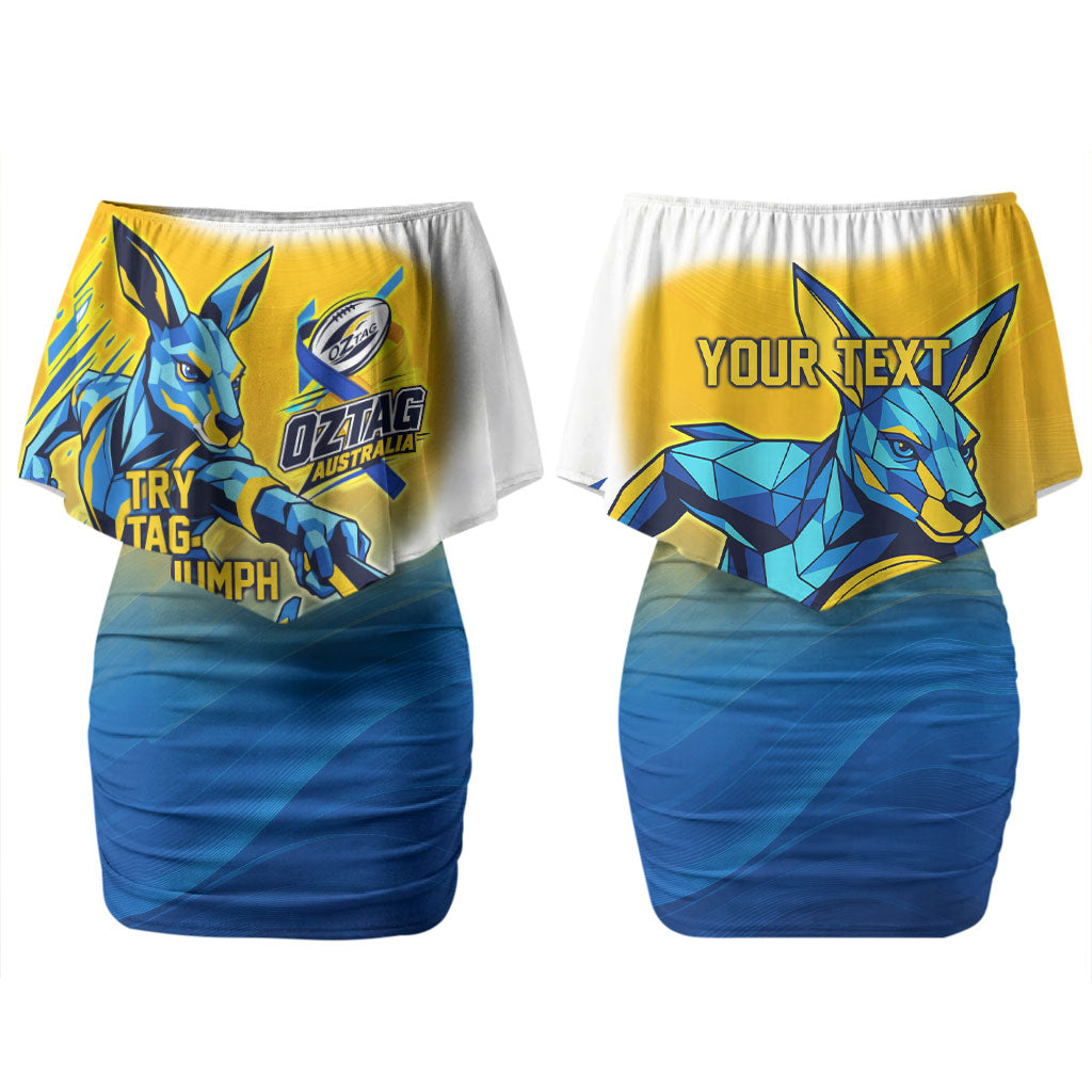 Personalised Australian Oztag Kangaroo Mascot Couples Matching Off Shoulder Short Dress and Long Sleeve Button Shirt Try Tag Triumph Australia Abstract Geometric
