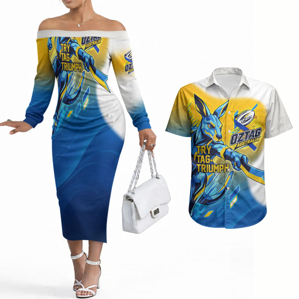 Personalised Australian Oztag Kangaroo Mascot Couples Matching Off The Shoulder Long Sleeve Dress and Hawaiian Shirt Try Tag Triumph Australia Abstract Geometric