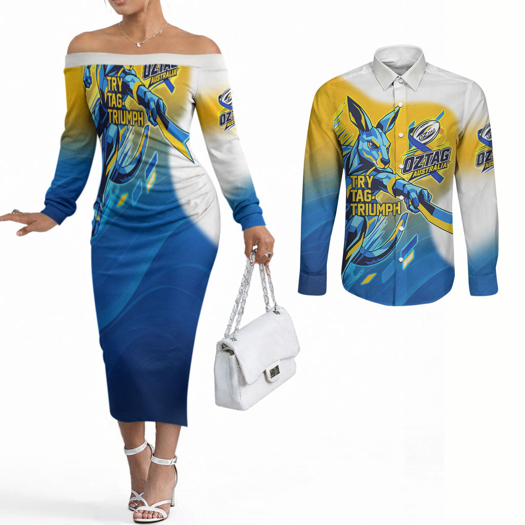 Personalised Australian Oztag Kangaroo Mascot Couples Matching Off The Shoulder Long Sleeve Dress and Long Sleeve Button Shirt Try Tag Triumph Australia Abstract Geometric
