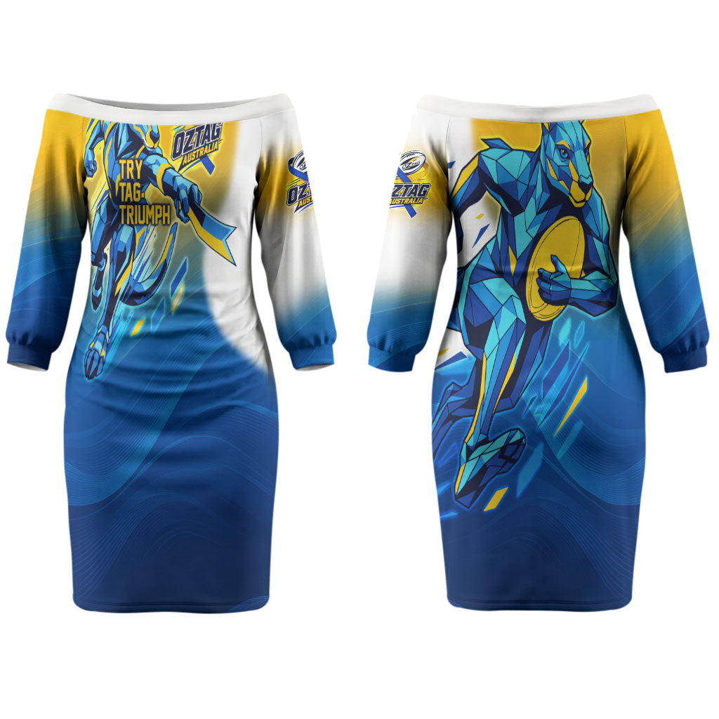 Personalised Australian Oztag Kangaroo Mascot Couples Matching Off The Shoulder Long Sleeve Dress and Long Sleeve Button Shirt Try Tag Triumph Australia Abstract Geometric