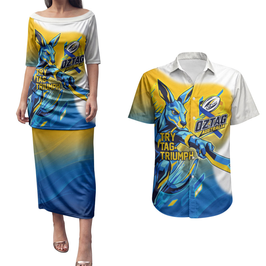 Personalised Australian Oztag Kangaroo Mascot Couples Matching Puletasi and Hawaiian Shirt Try Tag Triumph Australia Abstract Geometric