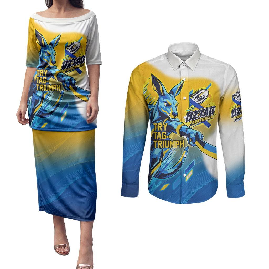Personalised Australian Oztag Kangaroo Mascot Couples Matching Puletasi and Long Sleeve Button Shirt Try Tag Triumph Australia Abstract Geometric