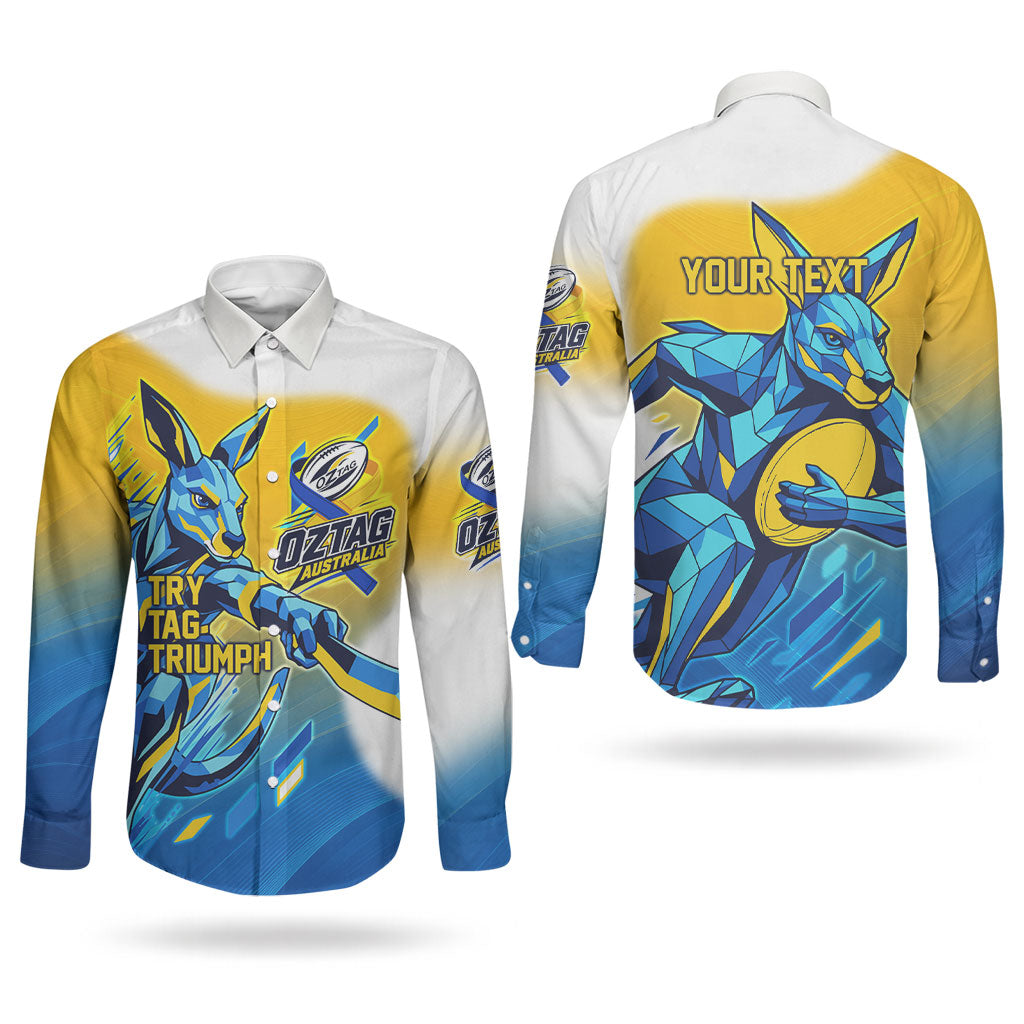Personalised Australian Oztag Kangaroo Mascot Couples Matching Puletasi and Long Sleeve Button Shirt Try Tag Triumph Australia Abstract Geometric