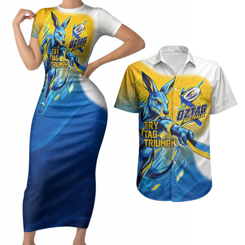 Personalised Australian Oztag Kangaroo Mascot Couples Matching Short Sleeve Bodycon Dress and Hawaiian Shirt Try Tag Triumph Australia Abstract Geometric