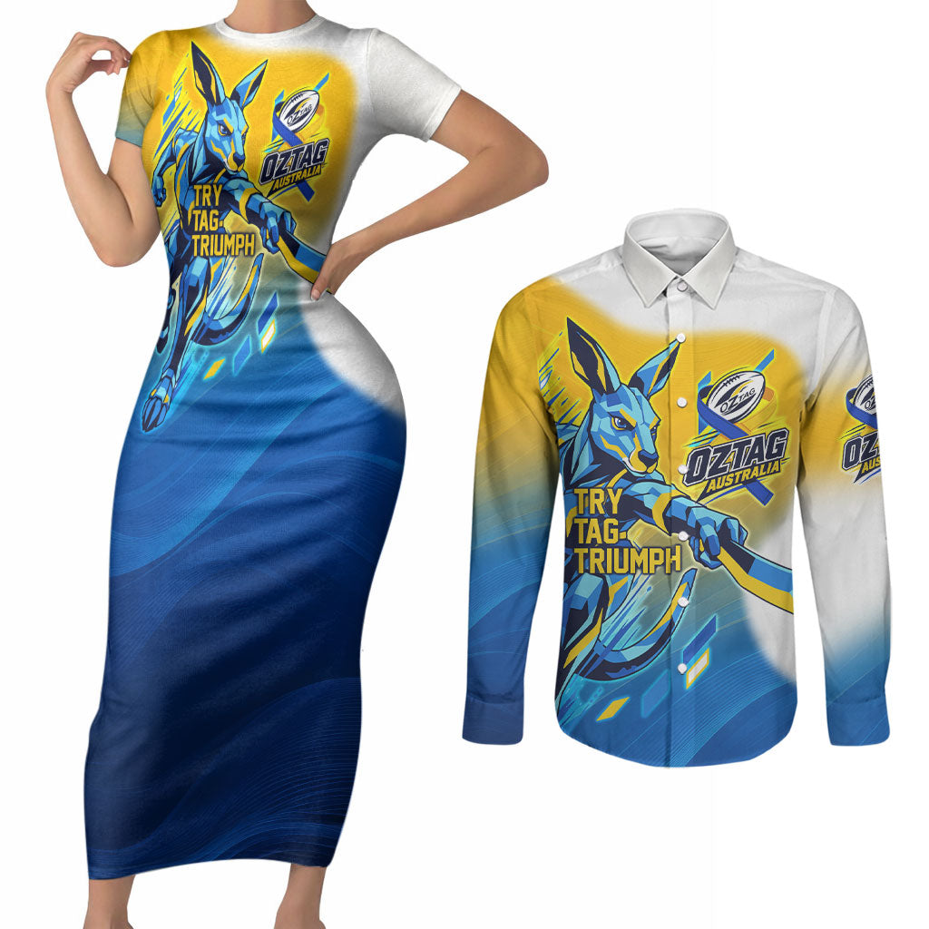 Personalised Australian Oztag Kangaroo Mascot Couples Matching Short Sleeve Bodycon Dress and Long Sleeve Button Shirt Try Tag Triumph Australia Abstract Geometric