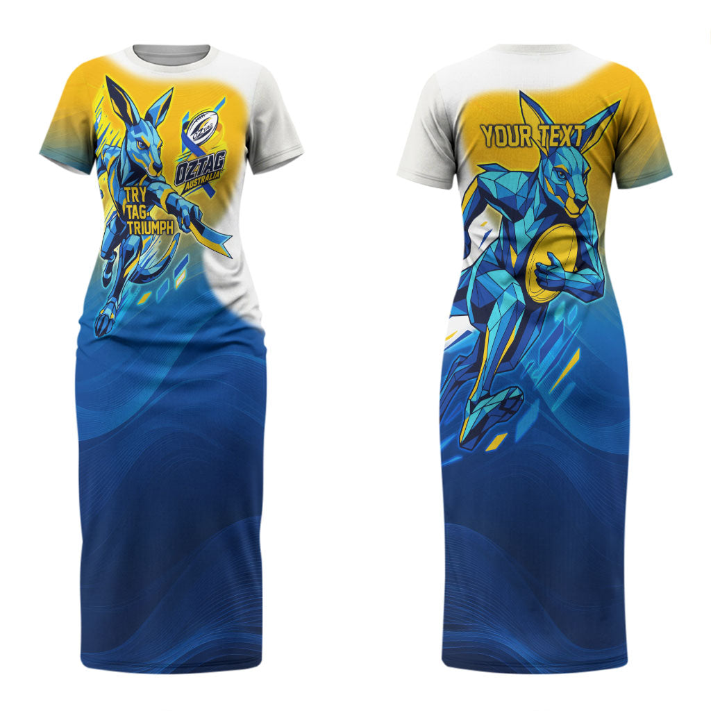 Personalised Australian Oztag Kangaroo Mascot Couples Matching Short Sleeve Bodycon Dress and Long Sleeve Button Shirt Try Tag Triumph Australia Abstract Geometric