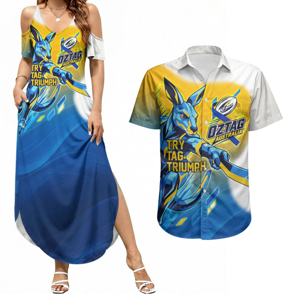 Personalised Australian Oztag Kangaroo Mascot Couples Matching Summer Maxi Dress and Hawaiian Shirt Try Tag Triumph Australia Abstract Geometric