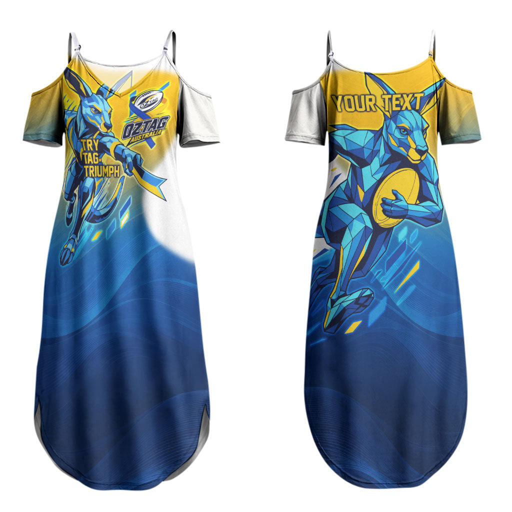 Personalised Australian Oztag Kangaroo Mascot Couples Matching Summer Maxi Dress and Long Sleeve Button Shirt Try Tag Triumph Australia Abstract Geometric