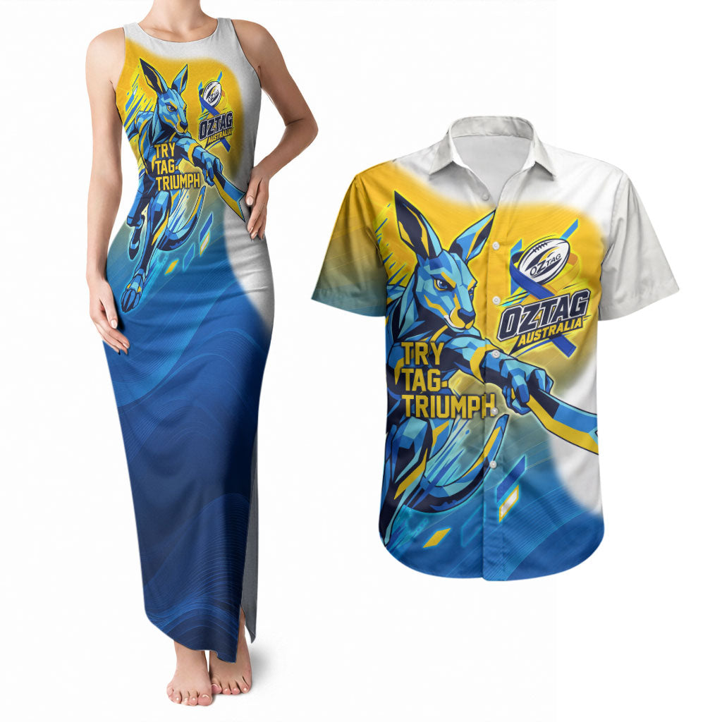 Personalised Australian Oztag Kangaroo Mascot Couples Matching Tank Maxi Dress and Hawaiian Shirt Try Tag Triumph Australia Abstract Geometric