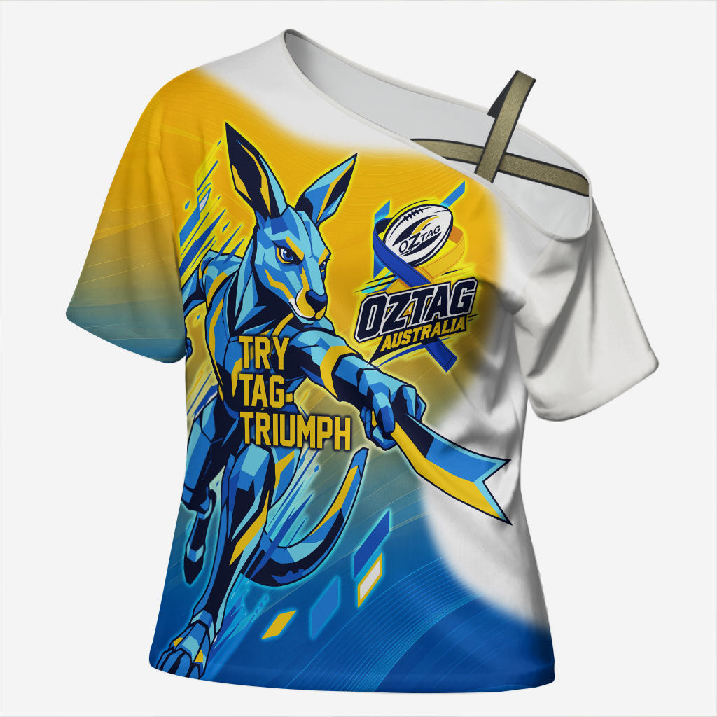 Personalised Australian Oztag Kangaroo Mascot Cross Shoulder Shirt Try Tag Triumph Australia Abstract Geometric
