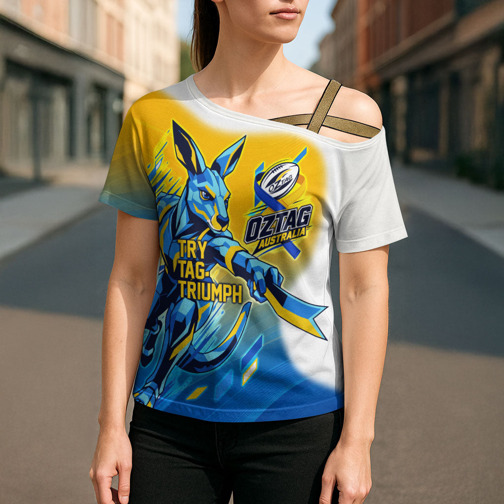 Personalised Australian Oztag Kangaroo Mascot Cross Shoulder Shirt Try Tag Triumph Australia Abstract Geometric