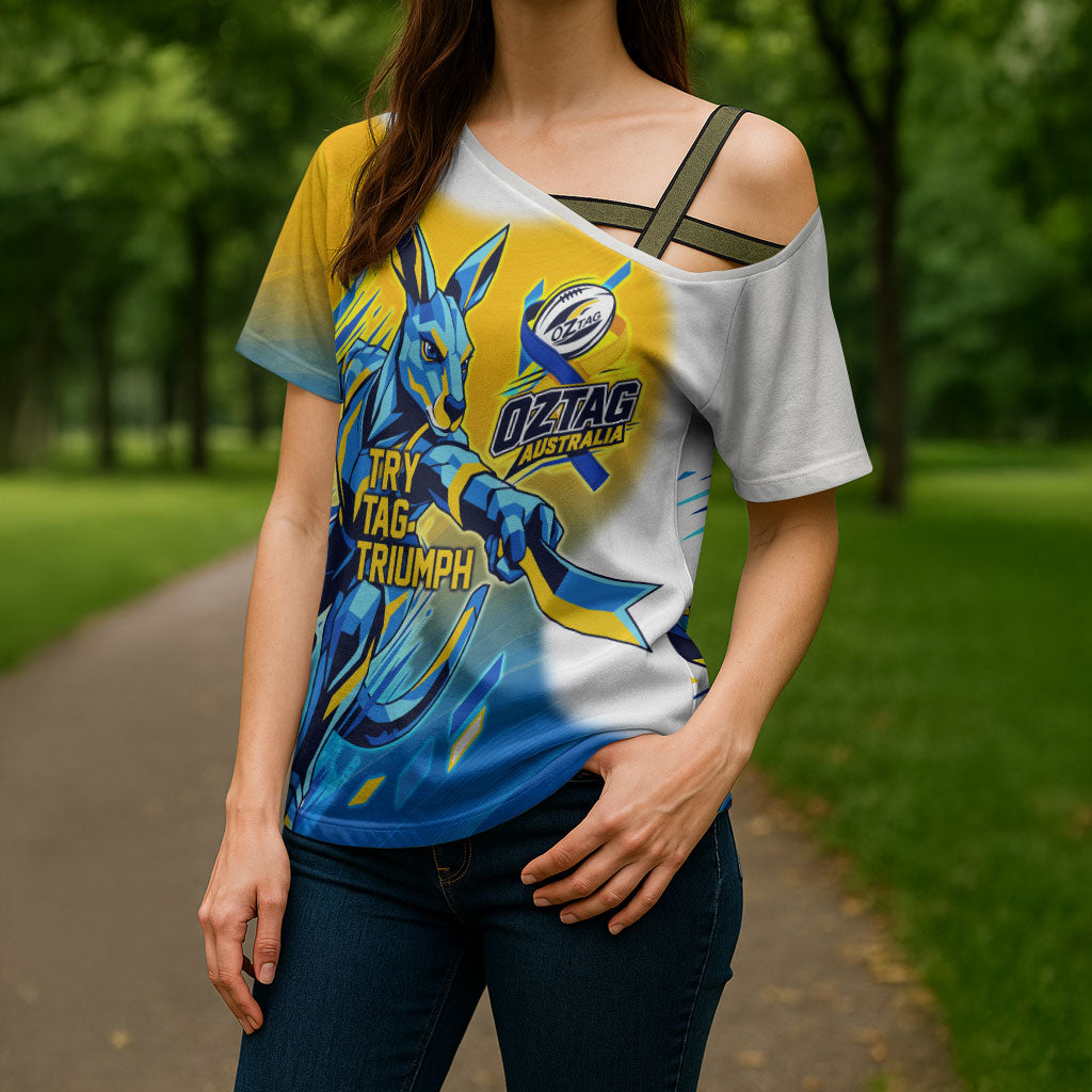 Personalised Australian Oztag Kangaroo Mascot Cross Shoulder Shirt Try Tag Triumph Australia Abstract Geometric