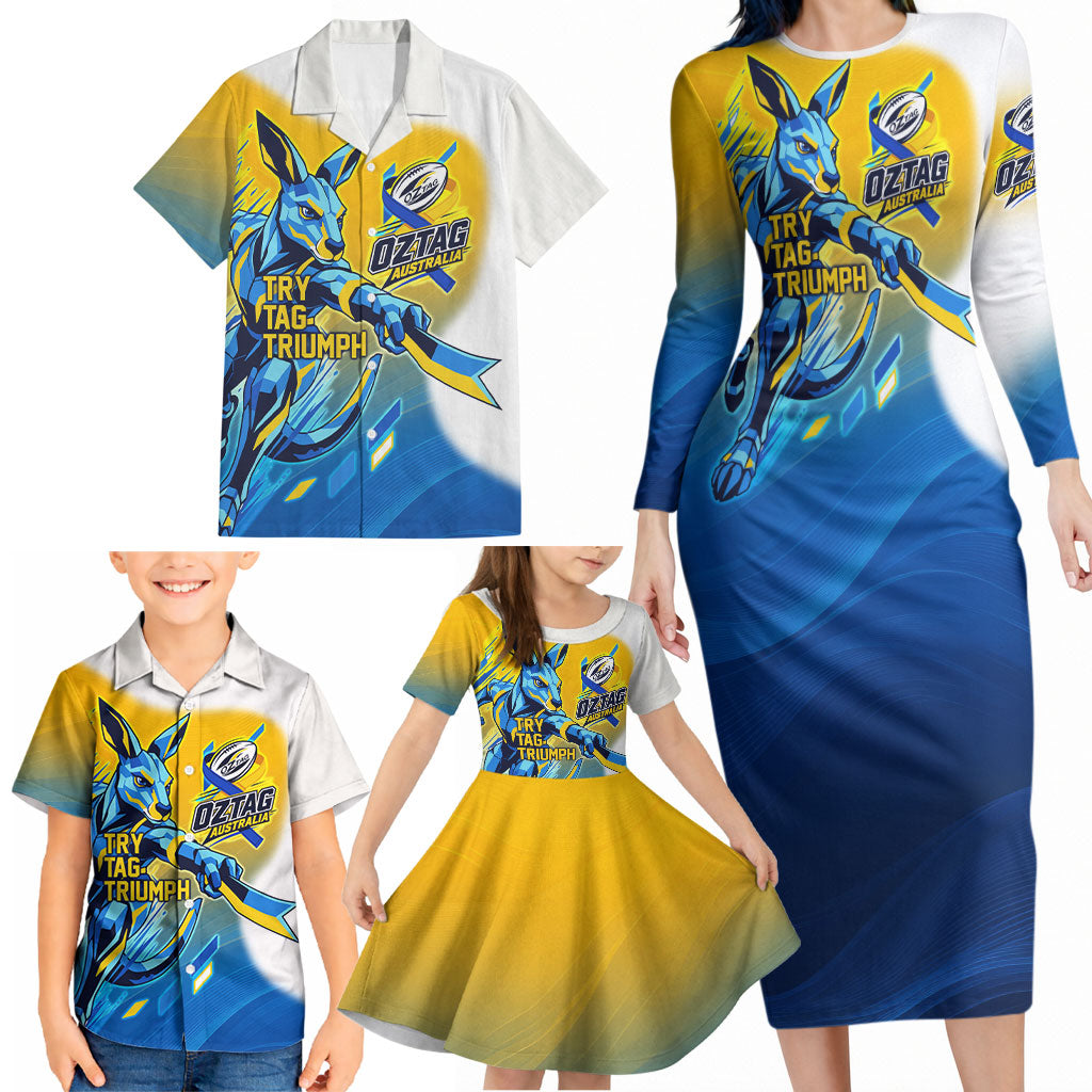 Personalised Australian Oztag Kangaroo Mascot Family Matching Long Sleeve Bodycon Dress and Hawaiian Shirt Try Tag Triumph Australia Abstract Geometric