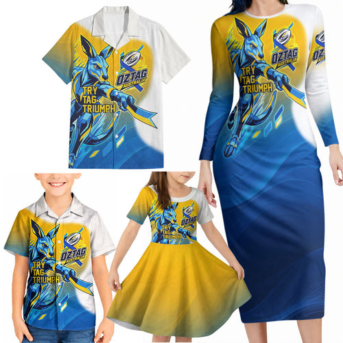 Personalised Australian Oztag Kangaroo Mascot Family Matching Long Sleeve Bodycon Dress and Hawaiian Shirt Try Tag Triumph Australia Abstract Geometric