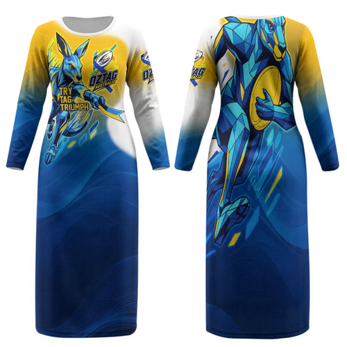 Personalised Australian Oztag Kangaroo Mascot Family Matching Long Sleeve Bodycon Dress and Hawaiian Shirt Try Tag Triumph Australia Abstract Geometric