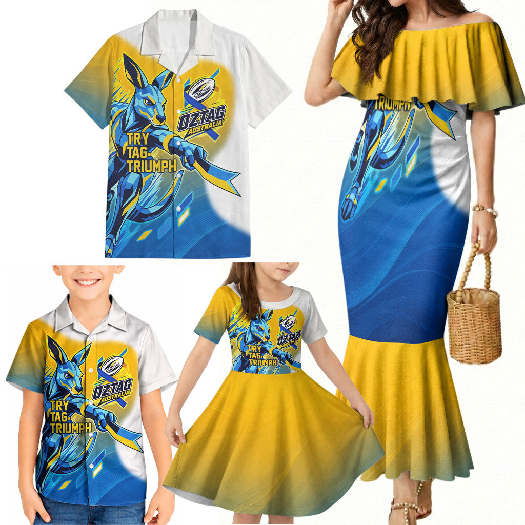 Personalised Australian Oztag Kangaroo Mascot Family Matching Mermaid Dress and Hawaiian Shirt Try Tag Triumph Australia Abstract Geometric